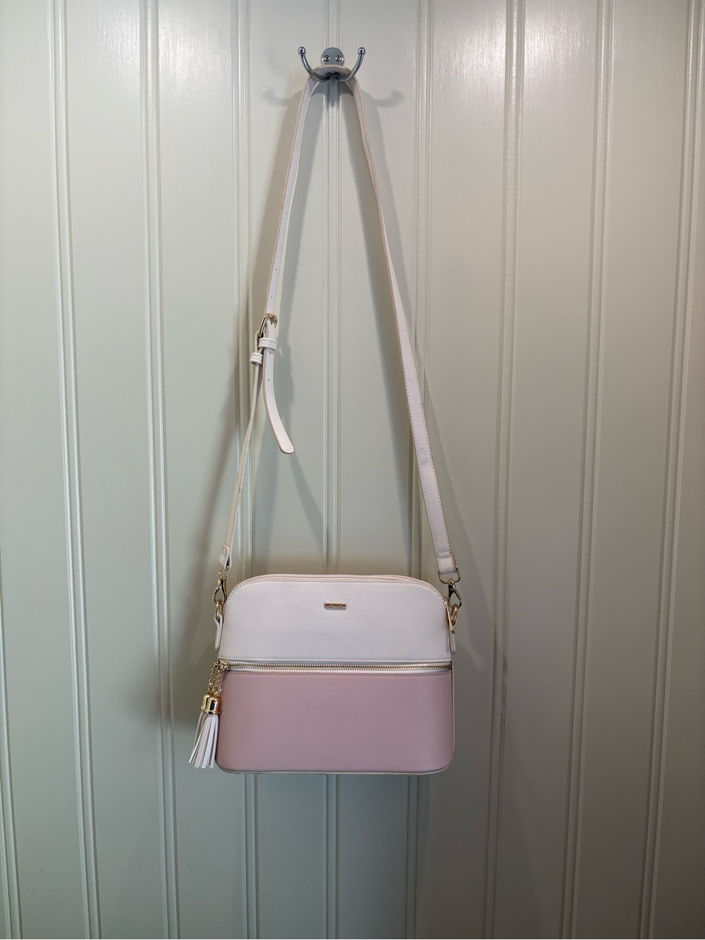Two-Tone Blush & White Crossbody Shoulder Bag with Tassel